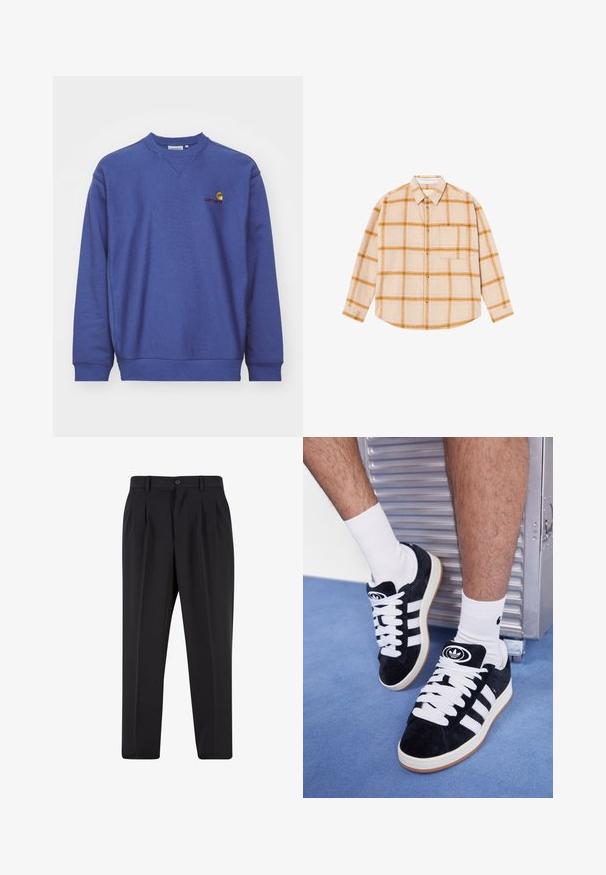 Blå fleece-tröja med ribbade ärmslut och nederkant. Har rund halsringning och en liten broderad logotyp på bröstet. Mjuk textur.; Långärmad rutiga skjorta i beige med gula och bruna rutor, knäppning fram, en bröstficka, tillverkad av ett strukturerat material.; Svarta byxor med plisserad design framtill, tillverkade av slätt tyg. Har en knappstängning och bälteshällor; rak passform.; Svarta mockaskor med vita snören och tre vita ränder. Har en rund svart logotyp på tungan och en gumminnedgummisula.