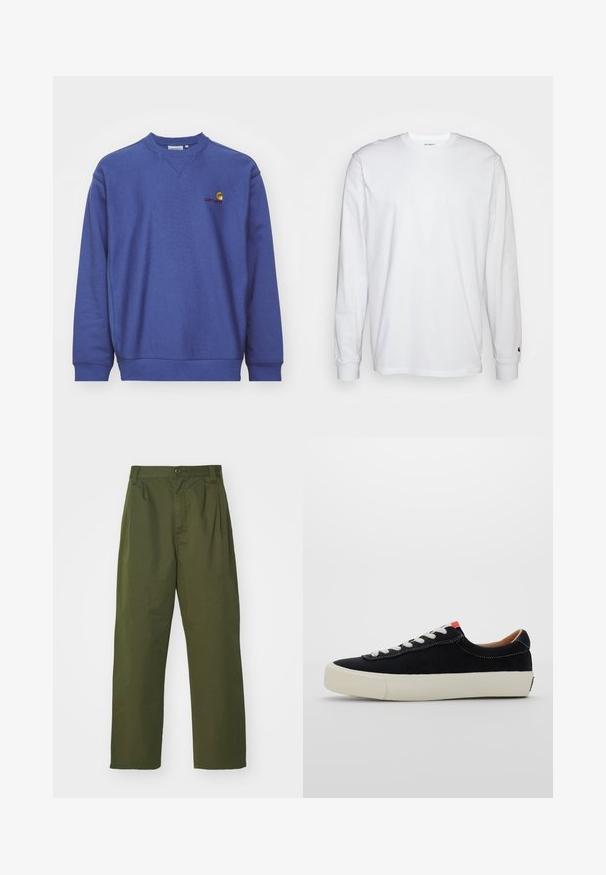 Blaue Fleece-Sweatshirt mit gerippten Bündchen und Saum. Verfügt über einen runden Halsausschnitt und ein kleines gesticktes Logo auf der Brust. Weiche Textur.; Weißes Langarm-T-Shirt aus Baumwolle. Rundhals-Design mit gerippten Bündchen und kleinem Logo auf dem linken Ärmel. Glatte Textur.; Olivgrüne, hochgeschnittene Hose mit geradem Bein. Hergestellt aus einem leichten Stoff, mit Vorderfalten und einem Knopfverschluss.; Schwarze Stoffturnschuhe mit weißen Schnürsenkeln, beigem Gummisohle und rotem Akzent an der Ferse. Runde Zehenform und minimale Nähdetails.
