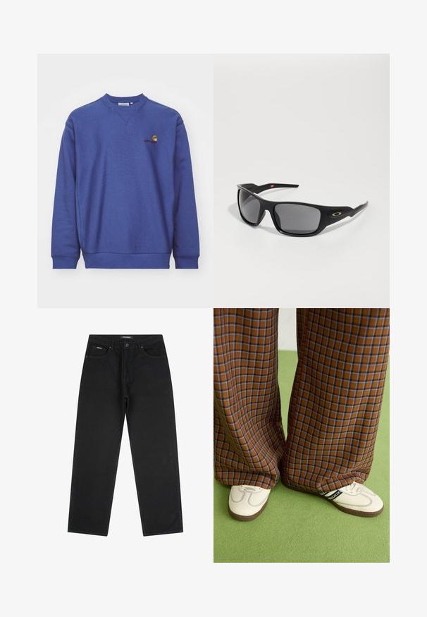 Blaue Fleece-Sweatshirt mit gerippten Bündchen und Saum. Verfügt über einen runden Halsausschnitt und ein kleines gesticktes Logo auf der Brust. Weiche Textur.; Schwarze gerade geschnittene Jeans mit vorderem Knopf und Reißverschluss, Gürtelschlaufen und Fünf-Taschen-Design, auf einem weißen Hintergrund flach ausgelegt.; Braun und blaue Karohosen mit weitem Bein, kombiniert mit weißen Schuhen mit schwarzen Akzenten und strukturierten Sohlen, vor einem grünen Hintergrund.; Schwarze Sonnenbrille mit rechteckiger Form, aus robustem Kunststoff gefertigt, mit grauen getönten Gläsern und einem goldenen Akzent an der Seite.