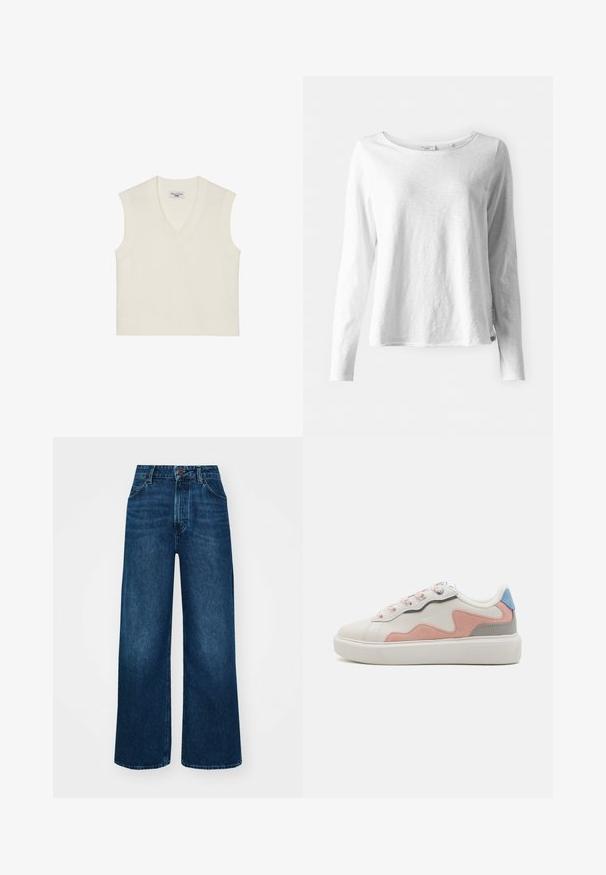 Cream sleeveless knit vest with a V-neck, ribbed hem, and textured fabric. Simple design with no patterns or embellishments.; Long-sleeve white T-shirt in soft, lightweight fabric; features a round neck and slightly relaxed fit; tag visible on the side.; High-waisted, wide-leg jeans in dark blue denim with a smooth texture, contrast stitching, and five-pocket design. Front button closure.; Low-top sneakers with a white synthetic upper, pink and gray suede accents, textured white rubber sole, and colorful laces.