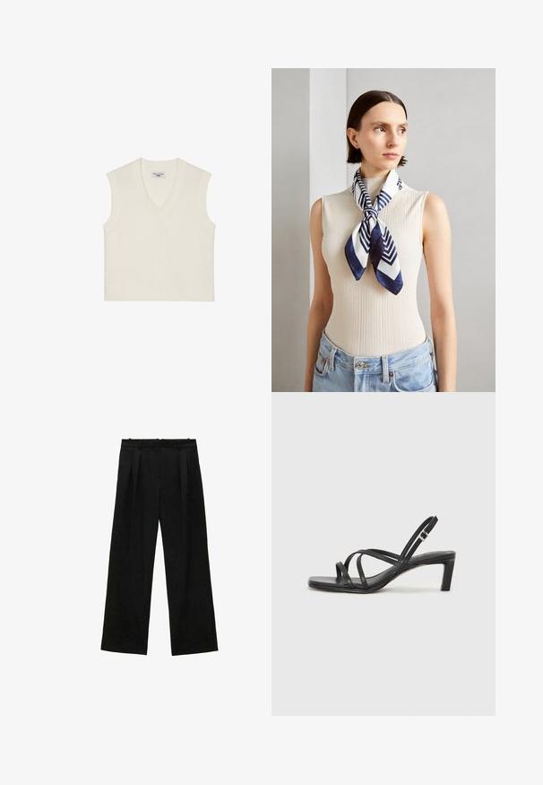 Cream sleeveless knit vest with a V-neck, ribbed hem, and textured fabric. Simple design with no patterns or embellishments.; Black wide-leg trousers with pleats, featuring a smooth texture and a high waist design. Minimalist style, no visible hardware or embellishments.; Black strappy sandal with a square toe and a low block heel. Features multiple thin straps and an adjustable ankle strap. Made of smooth leather.; Silk scarf in navy blue and white with a geometric zigzag pattern. Smooth texture, tied neatly around the neck, complementing a ribbed top.; White structured handbag with short handles and a shoulder strap, featuring gold hardware accents and textured material, displayed against a grey background.; Clear and amber resin rings, one smooth and transparent, the other with a textured, amber finish. Both feature rounded, chunky designs.