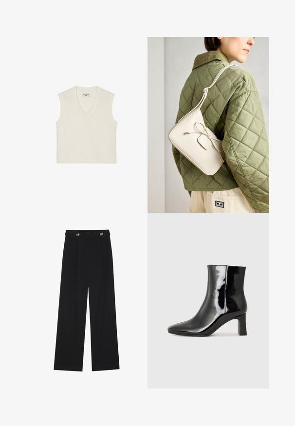 Kreem värviga ilma varrukateta kootud vest V-kaelusega, ribitud äärisega ja tekstuuriga kangast. Lihtne disain ilma mustrite ja kaunistusteta.; Mustad laiad püksid kõrge vöökoha ja nööpdetailidega vööandil, esikortsudega.; Must-sinine nahkjalats musta läikiva viimistlusega, millel on terav nina ja keskmise kõrgusega plokk konts. Sile tekstuur ja minimalistik disain.; Beige nahkristi kott, millel on lipsu detail, kuldne riistvara ja ühekordne reguleeritav rihm, kantud rohelise tikandiga jope kohal.