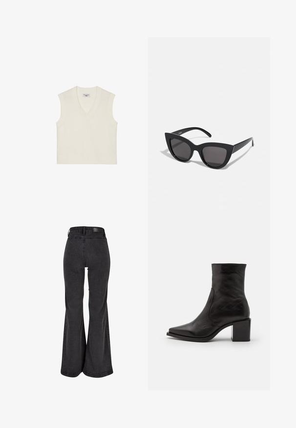 Krēms krāsas bez piedurknēm adīts veste ar V veida kakla izgriezumu, ribotu apakšmalu un struktūrētu audumu. Vienkāršs dizains bez rakstiem vai rotājumiem.; Melnas platas bikses ar gludu tekstūru, augsto jostasvietu un zīmolu uzlīmi aizmugurē. Noklāj plašu kāju dizainu, pastiprinātu šuvju apstrādi.; Melnas ādas potītes zābaki ar kvadrātveida purngalu un bloku papēdi. Dizains ir ar gludu tekstūru un minimālām šuvēm.; Melnas kaķa acs saulesbrilles ar matētu apdari, ar pelēkiem tonētiem stikliem, izteiktiem stūriem un elegantiem sānu rokturiem. Zīmola nosaukums redzams uz iekšējā roktura.