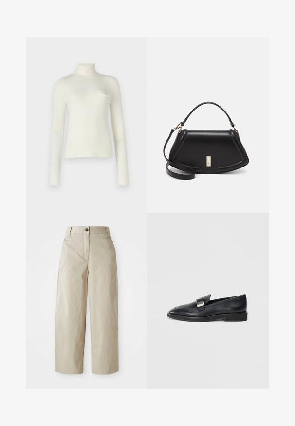 Maglione dolcevita in morbido tessuto bianco, con maniche lunghe, polsini a costine e un logo discreto sul petto. Tessuto liscio, vestibilità casual.; Pantaloni beige a vita alta, a gamba larga, con chiusura a bottone e zip, passanti per cintura e tasche laterali, presentati su uno sfondo bianco.; Mocassino in pelle nera con una fibbia rettangolare argento sulla parte superiore e un tacco basso su uno sfondo bianco.; Borsa a mano in pelle nera con un design strutturato, caratterizzata da una forma corta, manico superiore e accessori in metallo dorato. Inclusa tracolla regolabile.