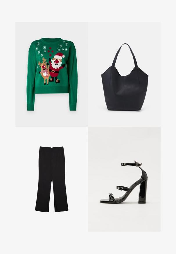 Grüner gestrickter Pullover mit einem Design von Santa Claus und Rentieren, verziert mit Schneeflocken und Herzen. Rippkragen und -bündchen.; Schwarze Hose mit geradem Schnitt, ausgestattet mit Fronttaschen und Seitenschlitzen am Saum. Hergestellt aus weichem, glattem Stoff. Geeignet für verschiedene Anlässe.; Schwarze patentierte Sandalen mit Absatz, quadratischer Spitze, Knöchelriemen und silbernen Schnallen. Mit einem stabilen Blockabsatz für mehr Stabilität.; Schwarze Tote-Bag aus glattem Leder, mit einem abgerundeten, offenen Oberteil, zwei Schulterträgern und einem minimalistischen Design.