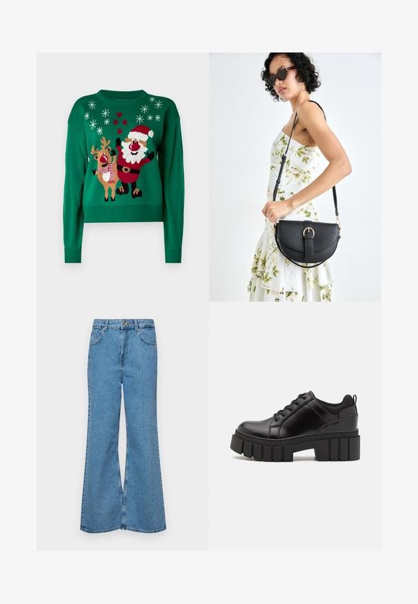 Vihreä neulepaita, jossa on joulupukin ja poron kuvio, lumihiutaleiden ja sydänten koristeluna. Hihansuut ja kaulus ovat ribbattuja.; Vaaleansiniset leveälahkeiset farkut, joissa on korkea vyötärö, viisi taskua ja yksi napin sulkeminen. Pehmeä pinta, jossa on haalistunut viimeistely.; Mustat nahkakengät, joissa on lättihenkinen korko, pyöreä kärki ja perinteinen nauhakiinnitys. Ominaisuuksiin kuuluu sileä pintakuvio ja minimaalinen yksityiskohtaisuus.; Musta nahkainen käsilaukku, joka on kaareva muotoilultaan, irrotettavalla hihnalla ja kultaisilla yksityiskohdilla. Laukussa on läppä, jossa on solk yksityiskohta.