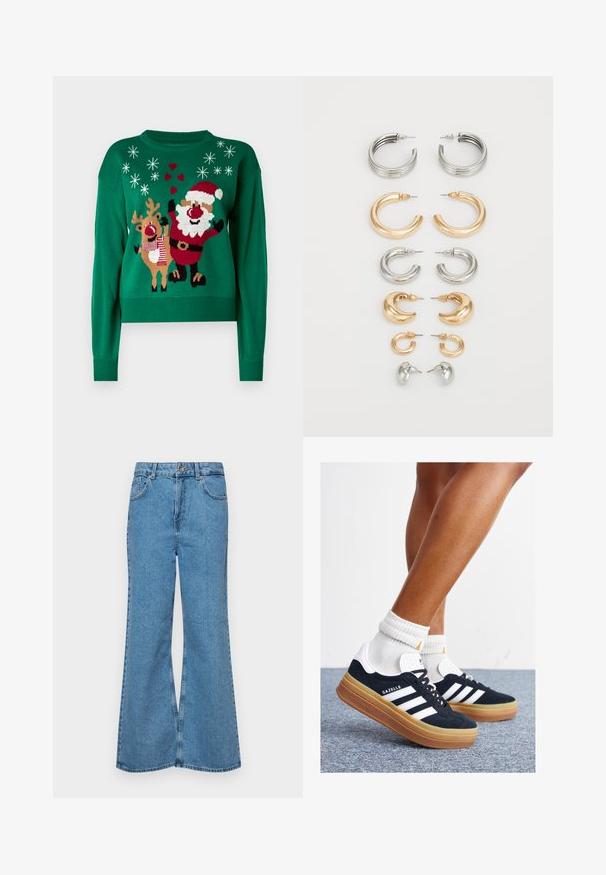 Green knitted sweater featuring a Santa Claus and reindeer design, with snowflakes and hearts as accents. Ribbed collar and cuffs.; Light blue flared jeans made of denim, featuring a high waist, five pockets, and a single button closure. Soft texture with faded finish.; Black suede sneakers with white stripes and accents, rounded toe, gum rubber outsole, paired with white ribbed crew socks.; Set of eight metal earrings in silver and gold tones. Includes various hoop styles, textures, and finishes, arranged by size.
