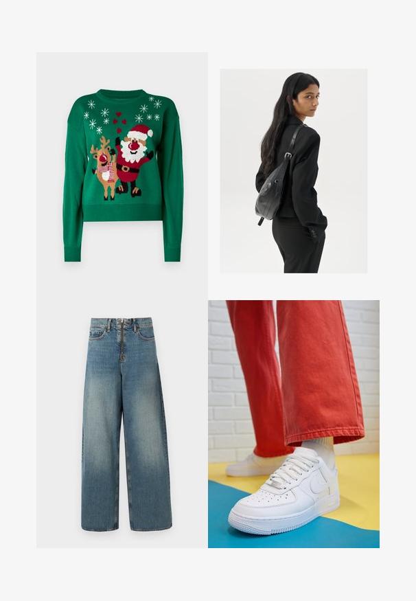 Zielony sweter z dzianiny z motywem Świętego Mikołaja i reniferów, z dodatkowymi akcentami w postaci płatków śniegu i serc. Żebrowany kołnierz i mankiety.; Jeans w szerokich nogawkach w jasnoniebieskim odcieniu. Posiadają zamek błyskawiczny z zapięciem na guzik oraz subtelne przetarcia, nadające im wygląd z biegiem czasu.; Białe skórzane sneakersy z perforowanym czubkiem, teksturowaną podeszwą i białymi sznurowadłami, w połączeniu z szerokimi czerwonymi spodniami na niebiesko-żółtym tle.; Kobieta z długimi ciemnymi włosami, ubrana w czarny garnitur, trzymająca czarną skórzaną torbę na ramię, spoglądająca przez ramię na białym tle.
