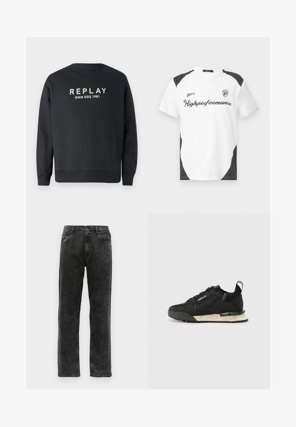 Felpa nera con collo a giro, polsini e orlo a costine, con la scritta "REPLAY DNM GDS 1981" in lettere bianche sulla parte anteriore.; T-shirt bianca a maniche corte con dettagli neri. Presenta il logo "REPLAY FC" e il testo "Highperformance" in un font sportivo. Realizzata in un materiale liscio.; Jeans in denim nero con un taglio dritto, dotati di cinque tasche, chiusura a bottone e leggere sfumature lungo il tessuto.; Replay FIELD MELT 25 - Sneakers basse - black