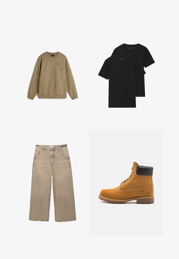 Olivgrön sweatshirt, rundad halsringning, långärmad, mjukt bomullsblandat tyg, ribbade muddar och nederkant, med en liten logotyp på bröstet.; Två svarta bomull t-shirts med korta ärmar, rund halsringning och en mjuk textur, visas staplade tillsammans.; PULL&BEAR MEGA BAGGY - Baggy jeans - light grey; Tan mockasins ankelstövlar med svart vadderad krage, guldmetallöglor, vit sömdekor och slitstöt gummisula med utmärkta mönster.