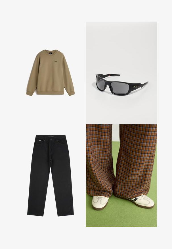 Sudadera verde oliva, de cuello redondo, de mangas largas, fabricada con una suave mezcla de algodón, con puños y dobladillo acanalados, presenta un pequeño logo en el pecho.; Jeans negros de pierna recta con botón y cremallera en la parte frontal, pasadores para cinturón y diseño de cinco bolsillos, colocados en plano sobre un fondo blanco.; Pantalones de pata de elefante de cuadros marrones y azules combinados con zapatos blancos con detalles en negro y suelas texturizadas, sobre un fondo verde.; Gafas de sol negras con forma rectangular, fabricadas en plástico duradero, con lentes ahumados grises y un acento dorado en el lateral.