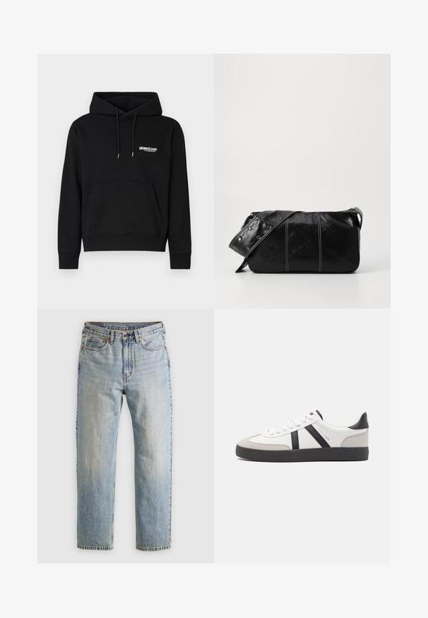 Sort bomuldshoodie med en frontkangaroo-lomme, snøre hætte og et lille hvidt logo på brystet. Ribbet manchetter og søm.; Lysblå denim jeans med høj talje, frontknap, lynlås og fem-lomme design, lagt fladt på en neutral baggrund.; Hvide sneakers med sorte og grå detaljer, med en tekstureret grå tåhætte, sort gummisål og flade hvide snørebånd. Rent design, minimalistisk stil.; Sort læder skuldertaske med lynlås, der har en tekstureret overflade, hvid syning og en rem med sølvøskner.