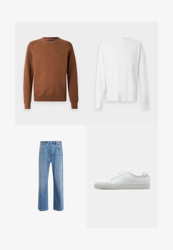 Brun stickad tröja med rund hals och ribbade långa ärmar, med en diskret logotyp på bröstet och en slät yta.; Vit långärmad skjorta i bomull med rund halsringning, sidofickor längst ner och en slät yta, visad bakifrån.; Ljust blå denimjeans med rak passform, fem fickor, knappstängning, minimal blekning och kontrasterande sömdetaljer.; Vit sneaker med en slät läderövre och låg profil. Har en rundad tå, sex snörhål och en strukturerad gummisula.