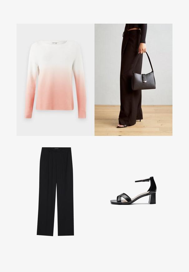 Sweter z długim rękawem, wykonany z dzianiny, z gradientem od bieli do delikatnego różu, uszyty z lekkiego materiału o teksturowanym wykończeniu.; Czarne spodnie o prostym kroju nogawek, z dwoma przednimi kieszeniami i paskiem w talii. Wykonane z gładkiego, lekkiego materiału.; Czarna sandał z odkrytymi palcami na obcasie z krzyżującymi się paskami, regulowanym paskiem na kostkę i masywnym obcasem, z gładką skórzaną teksturą.; Czarna torebka o usztywnionym kształcie, gładkiej fakturze i metalowym zapięciem. Połączona z szerokimi czarnymi spodniami i sandałami na otwartym palcu na drewnianej podłodze.