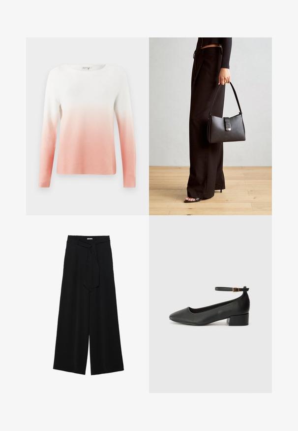 Hosszú ujjú kötött pulóver, amely fehérből lágy rózsaszínbe fakul, könnyű anyagból készült, texturált felülettel.; Fekete, bő szárú nadrág, texturált anyagból, rugalmas derékpánttal és levehető sállal a derekán, amely állítható illeszkedést biztosít.; Fekete bőr magassarkú cipő hegyes orral és alacsony tömb sarkal. Bokapánttal rendelkezik, aranyszínű csattal. Simább textúra.; Fekete kézi táska strukturált formával, sima textúrával és fémből készült záródással. Széles fekete nadrággal és nyitott orrú szandállal párosítva, fából készült padlón.