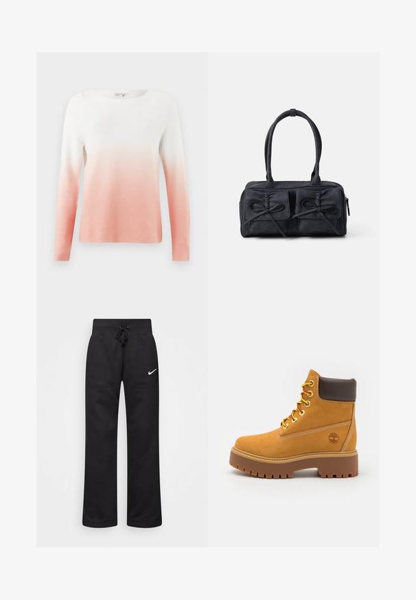 Langärmliger Strickpullover mit einem Farbverlauf von Weiß zu zartem Rosa, hergestellt aus leichtem Stoff mit einer strukturierten Oberfläche.; Schwarze Sweatpants aus einem Baumwollmix, mit einem Kordelzugbund, geraden Beinen und einem weißen Nike-Logo auf der linken Seite.; Beige, wasserdichte Stiefelette mit einer robusten Gummisohle, runder Zehenpartie, braunem Lederkragen, gelben Schnürsenkeln und einem Logo an der Seite.; Schwarze Stoffhandtasche mit zwei vorderen Taschen, die mit Schleifendetails versehen sind, doppelten Griffen und einem Reißverschluss. Weiche Textur und rechteckige Form.
