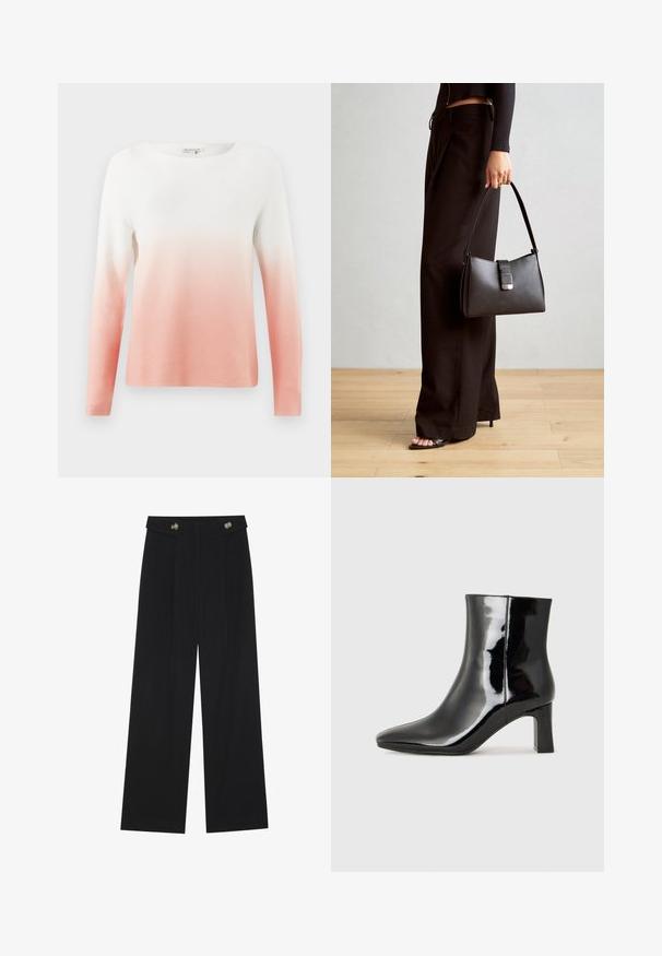 Garās piedurknes adīts džemperis ar gradientu no baltas līdz maigi rozā krāsai, izgatavots no viegla auduma ar teksturētu apdari.; Melnas platās bikses ar augstu jostasvietu, pogu detaļām uz jostas un priekšējām krokām.; Melnas patentētas ādas potīšu zābaki ar norādītu pirkstu un vidēja augstuma kvadrātveida papēdi. Gluda tekstūra un minimālisma dizains.; Melnā somiņa ar strukturētu formu, gludu tekstūru un metālu sprādzi. Saskaņota ar platām melnām biksēm un sandālēm ar atvērtu purngalu uz koka grīdas.