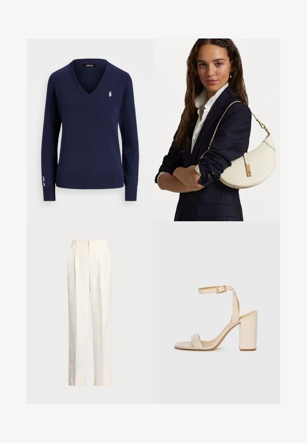 Tengerészkék V nyakú pulóver, kötött anyagból, hosszú ujjakkal, bordázott mandzsettákkal és aljjal, a bal mellen és az ujjon található egy kis fehér logó.; Polo Ralph Lauren HEMP WIDE LEG PANT - Nadrágok - nevis; Beige színű magassarkú szandál négyzet alakú orral, vékony bokapánttal és tömbsarkúval. Simas bőrfelület arany csattal díszítve.; Fehér bőr táska ívelt formával, arany kiegészítőkkel és texturált felülettel, sötét zakó és fehér ing fölött viselve.