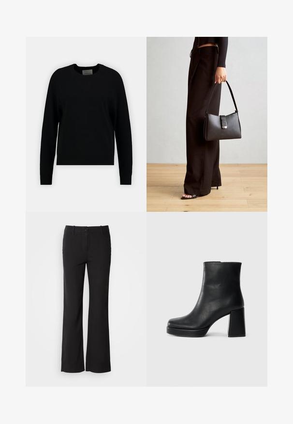 Pulover negru tricotat cu guler rotund, mâneci lungi raglan și tiv din tricot. Textură netedă, design minimalist, fără modele sau accente vizibile.; Pantaloni negri dintr-un amestec de bumbac, cu un design drept, închidere frontală cu buton și două buzunare laterale. Textură netedă, fără modele vizibile.; Botină din piele neagră, cu toc pătrat și talpă platformă, văzută din lateral pe un fundal alb simplu.; Genți negre cu o formă structurată, textură netedă și un închizător metalic. Asortată cu pantaloni negri largi și sandale cu vârf deschis pe un podea din lemn.