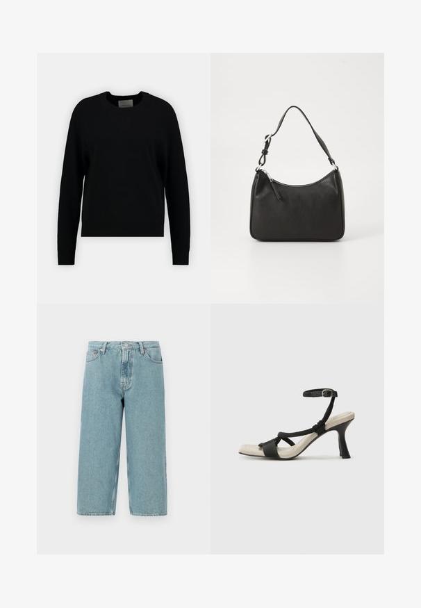 Μαύρο πλεκτό πουλόβερ με κυκλικό λαιμό, μακριά μανίκια ραγλάν και πλεκτό τελείωμα. Λείος υφασμάτινος χαρακτήρας, μινιμαλιστικός σχεδιασμός, χωρίς ορατά σχέδια ή λεπτομέρειες.; Ανοιχτό μπλε τζιν σορτσάκια με ψηλή μέση, ίσια γραμμή και ακατέργαστο άκρο. Διαθέτει κλασικό κούμπωμα με κουμπί και φερμουάρ, τέσσερις τσέπες.; Μαύρη σανδάλι με τακούνι και σχεδίαση πλεγμένης λουρίδας, τετράγωνη μύτη και ρυθμιζόμενη λουρίδα στον αστράγαλο. Ανοικτό μπεζ πέλμα με γυαλιστερό μαύρο τακούνι.; Μαύρη δερμάτινη τσάντα ώμου με καμπύλο σχήμα, μία μόνο στραβά, κλείσιμο με φερμουάρ και διακριτική σήμανση στο μπροστινό μέρος. Λείος υφασμάτινος χαρακτήρας, μινιμαλιστικός σχεδιασμός.