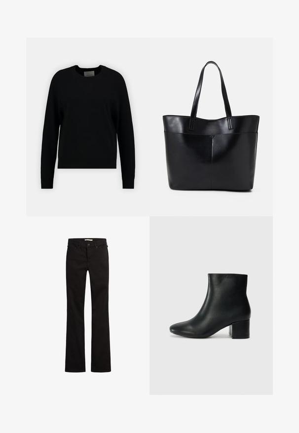 Maglione nero a maglia con scollo rotondo, maniche lunghe a raglan e orlo a coste. Texture liscia, design minimale, senza pattern o dettagli visibili.; Jeans neri svasati con design a cinque tasche, dotati di chiusura con bottone e passanti per cintura, realizzati in denim con una texture liscia.; Stivali neri in pelle fino alla caviglia con punta appuntita e tacco spesso. Texture liscia con minimi dettagli e un design elegante e aderente.; Borsa a tracolla in pelle nera con due manici lunghi, una texture liscia e una forma strutturata. Presenta una tasca frontale per ulteriore spazio di archiviazione.
