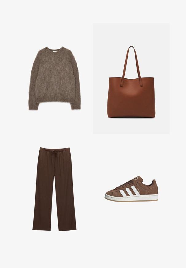 Ruskea pörröinen neule, pitkät hihat, pyöreä kaula-aukko, ylisuuri istuvuus, pehmeä tekstiili, joka näyttää karhealta, ei näkyviä varusteita tai koristeita.; Ruske leve široke hlače izdelane iz mehkega materiala, z elastičnim pasom in vrvico ter dvema stranskima žepoma.; Valkoiset nahkareunat ja ruskeat samettikankaiset tennarit, joissa on kumipohja, pyöreä kärki ja nauhakiinnitys edessä. Kengissä on logo kielekkeessä ja rei'itettyjä yksityiskohtia.; Ruskea nahkainen olkalaukku, jossa on sileä pinta, avoin yläosa ja kaksi olkahihnaa. Omaavat vain minimaalisen ompelun eikä näkyvää metalliosaa.