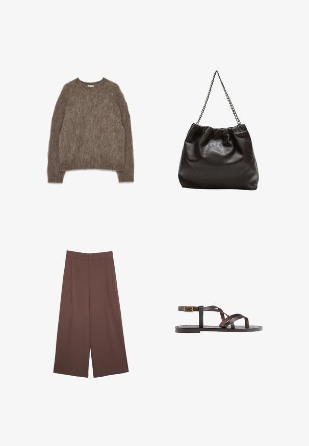 Rjava puhasta pulover, dolgi rokavi, okrogli izrez, oversize kroj, mehka tekstura z dlačnatim videzom, brez vidne opreme ali dodatkov.; Rjave široke hlače z gladko teksturo, ki imajo visok pas in sprednje naborke. Tkanina je lahka in prosto pada.; Rjav usnjen sandal z načinom prečnega črta, zaklepom okoli gležnja in ravnim podplatom z minimalnimi šivi.; Rjava usnjena torba z nabranim vrhom in verižnim trakom. Gladka tekstura z sijajno površino in subtilnimi šivi na straneh.