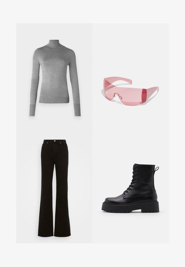 Suéter de cuello alto gris, confeccionado en un tejido de punto suave, con mangas largas y puños y dobladillo acanalados. Diseño sencillo y clásico.; Top negro de manga larga hecho de una tela suave, con un cuello redondo y detalles fruncidos en los hombros y puños.; Vaqueros acampanados de tiro alto en negro, hechos de mezclilla, con cierre de botón, bolsillos laterales y una textura suave.; Botas de cuero negras hasta el tobillo con punta redonda, cordones en la parte delantera y una suela de goma gruesa con un dibujo texturizado. Tirador en la parte trasera.; CHPO PRENZ UNISEX - Gafas de sol - pink; Pendientes de aro color dorado, delgados y redondos, con un acabado metálico suave y sin adornos ni patrones.