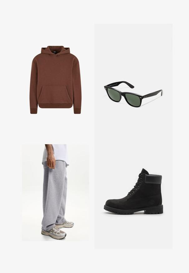 Felpa con cappuccio marrone realizzata in tessuto morbido, dotata di tasca a marsupio, polsini a costine e un design comodo.; T-shirt bianco in cotone con maniche corte, scollatura tonda e linea dritta. Texture liscia senza motivi o dettagli visibili.; Pantaloni sportivi grigi realizzati in tessuto morbido, con una vestibilità ampia e una cintura elastica. Abbinati a scarpe da ginnastica beige e grigie.; Stivale alla caviglia nero con lacci, colletto imbottito e suola robusta, mostrato in profilo su uno sfondo bianco.; Occhiali da sole in plastica nera con lenti verdi, montatura quadrata, dettaglio argento sulla parte superiore e steli con texture. Marchio indicato sulla parte interna dello stelo.