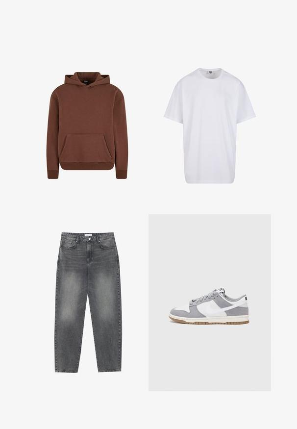 Pruuni kapuutsiga sviiter, mis on valmistatud pehmest kangast, känguru tasku, soonikkätised ja lõdva lõikega disain.; Valge puuvillane t-särk lühikeste varrukatega, ümmarguse kaelusega, lõdva lõikega ja ilma nähtavate logodeta või mustriteta. Sile tekstuur ja minimaalne disain.; Kõrgema vöökohtadega, lõdva lõikega teksad, mis on valmistatud tuhmist mustast denimist. Selles on viis taskut, traksid ja puhas, sirge säärelõige.; Halli ja valge tennis鞋, millel on nubuk- ja nahkdetailid, ümar varvas, lamedad nöörid ning kummist tald, millel on kola aktsent.