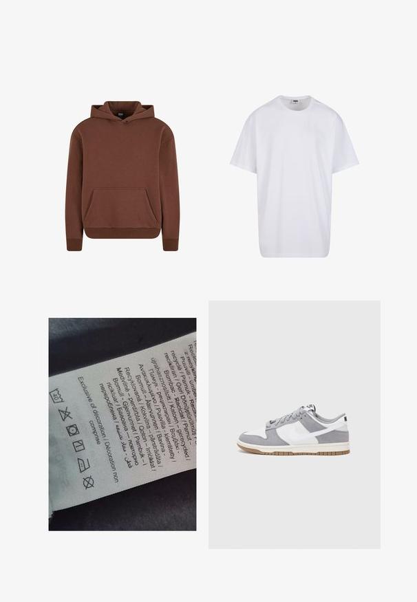 Brun hettegenser laget av mykt stoff, med kengurulomme, ribbestrikkede mansjetter og en avslappet passform.; Hvit bomull t-skjorte med korte ermer, rund utringning, avslappet passform, og ingen synlige logoer eller mønstre. Glatt tekstur og minimalistisk design.; Etikett med tekst på flere språk, omsorgssymboler og resirkuleringsikoner, trykt på et mykt stofflignende materiale i lys farge.; Grå og hvite sneakers med overdel i semsket skinn og lær, rund tå, flate lisser, og gummisåle med gummibelegg.