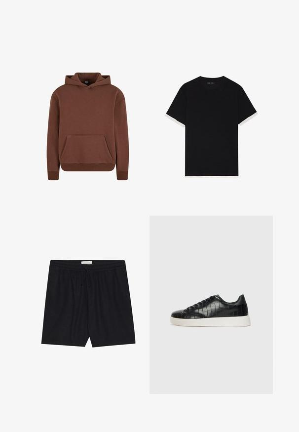 Sudadera con capucha marrón, hecha de un tejido suave, que cuenta con un bolsillo tipo canguro, puños acanalados y un diseño de corte relajado.; Camiseta corta de manga negra con un tejido texturizado, con acentos blancos en los puños. Cuello redondeado, corte relajado.; Shorts negros con cintura elástica y cordón ajustable, que presentan una textura suave y corte recto, ideal para el uso casual.; Zapatillas negras con parte superior de cuero con textura de cocodrilo en relieve, puntera redondeada y una suela de goma blanca contrastante con un acabado suave.