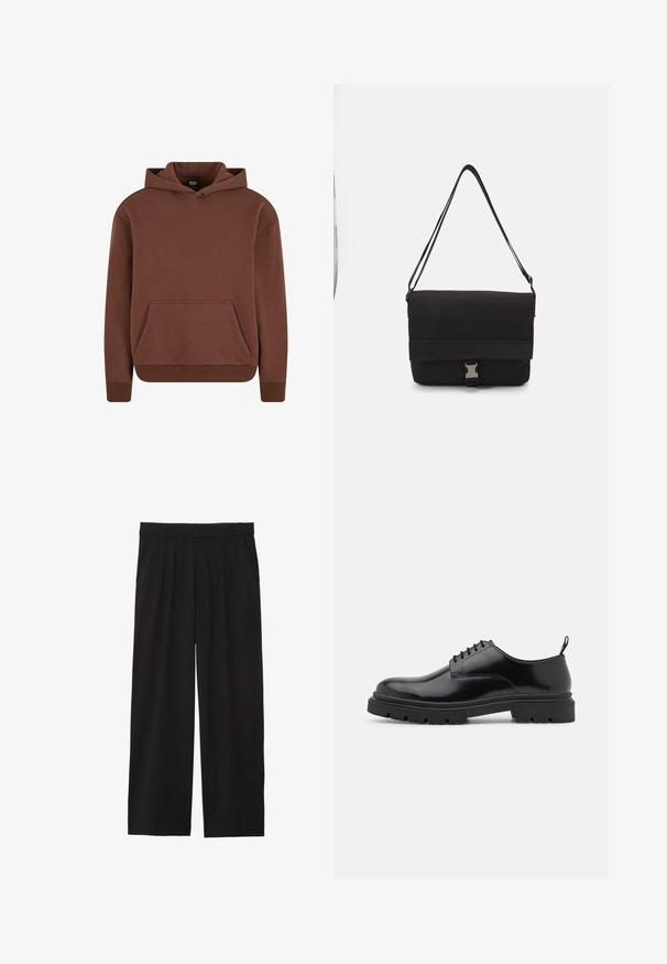 Smeđa kapuljača od mekanog materijala, s kenguruvim džepom, rebrastim manžetama i ležernim krojem.; Crne široke hlače s nabranim prednjim dijelom, bočnim džepovima i glatkom teksturom tkanine. Dizajnirane za opušteni kroj.; Crne kožne cipele na vezivanje s zaobljenim prstima, glatkom površinom i rebrastim gumenim potplatom. Imaju mali potpeticu i petnu traku za lakše obuvanje.; Crni messenger ruksak od glatkog materijala, s preklopom, srebrnim kopčanjem i podesivim remenom za rame.
