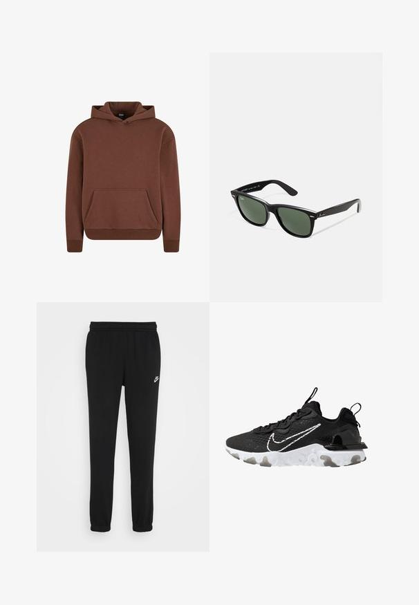 Bruine hoodie gemaakt van een zachte stof, met een kangaroezak, ribgebreide boorden en een ontspannen pasvorm.; Zwarte sweatpants met een elastische tailleband, cuffed enkels en een klein wit Nike-logo aan de linkerkant. Gemaakt van een zachte, textiele stof.; Zwarte sportieve schoen met een textuurstof bovenkant, witte Nike swoosh en dikke witte zool. Beschikt over een trekhaak op de hiel voor gemakkelijk aan- en uittrekken.; Zwarte plastic zonnebril met groene lenzen, vierkante montuur, zilveren accent op de wenkbrauw en een gestructureerde tempel. Merken vermeld op de binnenkant van de arm.