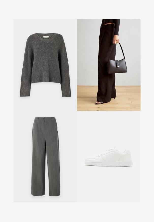 Modström KANEMD - Jumper - dark grey melange; Gray pinstripe trousers with a wide-leg silhouette, featuring a button closure and subtle texture. Tailored design for a structured fit.; White sneaker made of smooth synthetic material, featuring a rounded toe, lace-up design, flat sole, and subtle perforated detailing.; Black handbag with structured shape, smooth texture, and a metallic clasp. Paired with wide black pants and open-toe sandals on wooden floor.