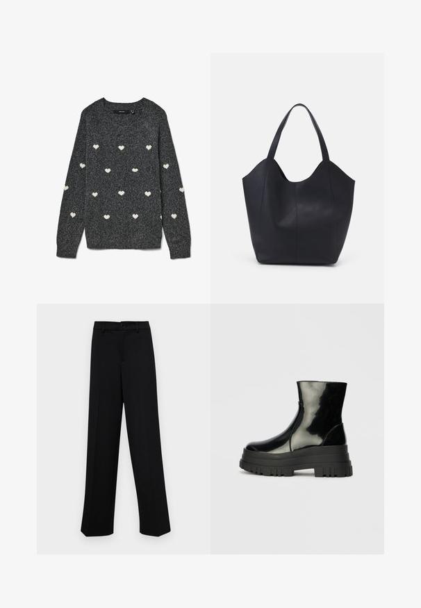 Grauer Pullover mit rundem Halsausschnitt und langen Ärmeln, der ein wiederholtes Muster aus kleinen weißen Herzen aufweist. Weich texturiertes Gewebe.; Schwarze, weit geschnittene Hosen aus glattem Stoff, mit einem klassischen Taillenbund und einem Knopfverschluss sowie vorderen Falten.; Schwarze, glänzende Knöchelstiefel mit dickem Profilsohle und abgerundeter Zehenform, Seitenansicht vor einem schlichten, hellgrauen Hintergrund.; Schwarze Tote-Bag aus glattem Leder, mit einem abgerundeten, offenen Oberteil, zwei Schulterträgern und einem minimalistischen Design.