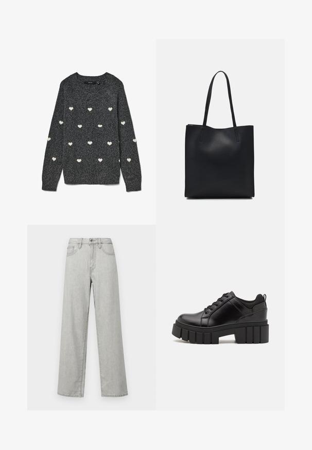 Camisola cinzenta com gola redonda e mangas compridas, com um padrão repetido de pequenos corações brancos por todo o tecido. Tecido de textura macia.; Jeans de perna larga em cinza claro, feitos de denim, com cintura alta, bolsos frontais e fecho padrão com botão e fecho éclair.; Sapatos de plataforma em couro preto com um salto bloco robusto, bico redondo e design clássico de atacadores. Apresentam uma textura suave e detalhes mínimos.; Bolsa tote preta em couro com textura lisa, forma retangular e duas alças longas. Sem hardware ou enfeites visíveis.