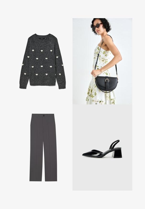 Grey sweater with a round neckline and long sleeves, featuring a repeated pattern of small white hearts throughout. Soft textured fabric.; Grey trousers with a straight leg design, featuring two side pockets and a button closure. Smooth fabric with no visible patterns or accents.; Black patent leather slingback heels with a pointed toe and a geometric block heel. Features a sleek, minimal design and smooth texture.; Black leather handbag with a curved shape, detachable strap, and gold hardware. The bag features a flap with a buckle detail.
