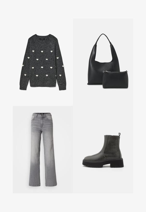 Camisola cinzenta com gola redonda e mangas compridas, com um padrão repetido de pequenos corações brancos por todo o tecido. Tecido de textura macia.; Jeans de ganga cinzentos de cintura alta e corte reto, com botão e fecho à frente, bolsos dianteiros e traseiros, e desbaste nas coxas e panturrilhas.; Botas de tornozelo pretas com um cabedal sintético liso, painéis laterais elásticos, uma alça de puxar e uma sola de borracha grossa.; Even&Odd Mala de mão - black