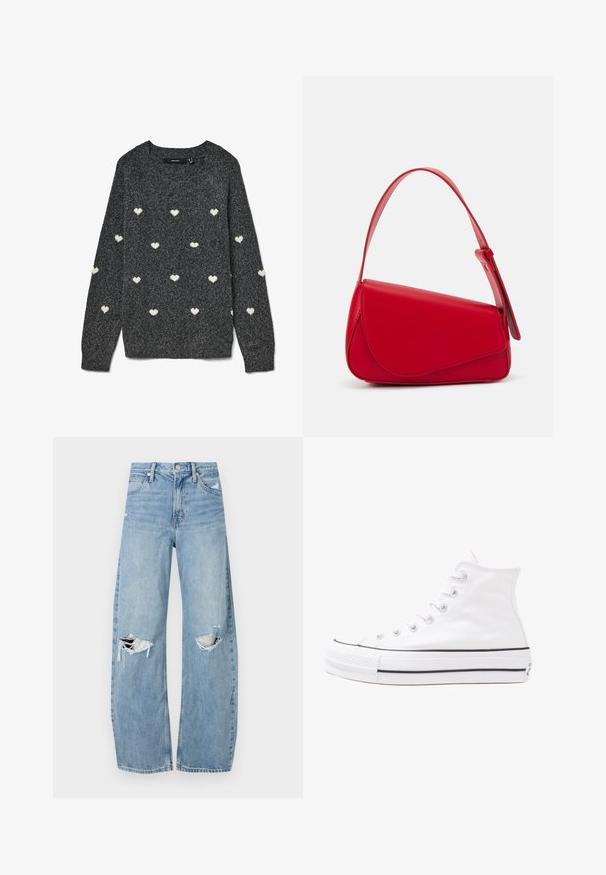 Pilkas megztinis su apvalia iškirpte ir ilgomis rankovėmis, dengtas pasikartojančiu baltų mažų širdelių raštu. Minkšta tekstūra.; Šviesiai mėlynos, aukštu juosmeniu džinsai pagaminti iš džinsinio audinio. Turi plačias kojų kelnes, dvi suplėšytas kelio vietas ir klasikinį penkių kišenių dizainą.; Balti aukštakulniai drobės sportbačiai su juodu guminio pado, priekinio guminio piršto dangteliu ir šešiais akytėmis raištams, pasižymintys švariu, minimalistiniu dizainu.; Raudona odinė rankinė su kampuota, geometrine forma. Pasižymi viena reguliuojama dirželiu ir dangteliu su siuvinėtais dekoracijomis.