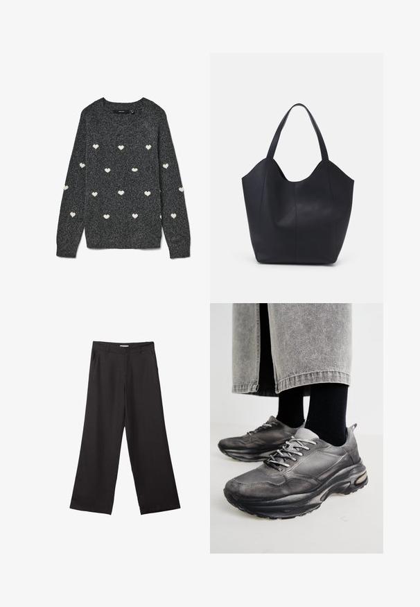 Grauer Pullover mit rundem Halsausschnitt und langen Ärmeln, der ein wiederholtes Muster aus kleinen weißen Herzen aufweist. Weich texturiertes Gewebe.; Schwarze weite Hosen aus glattem Stoff, mit einem Reißverschluss vorne und zwei seitlichen Taschen, maßgeschneiderter Passform und minimalistischem Design.; Schwarze und graue Sportschuhe verfügen über ein Obermaterial aus Mesh, dicke Sohlen und Schnürsenkel. Sie haben eine abgerundete Zehenpartie und sichtbare Dämpfungsdetails.; Schwarze Tote-Bag aus glattem Leder, mit einem abgerundeten, offenen Oberteil, zwei Schulterträgern und einem minimalistischen Design.