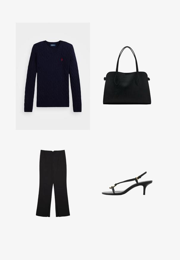 Mornarska jopica z kabelskim pletenjem, z rebrastimi manšetami in robom, vsebuje majhen rdeč logotip na prsih in klasičen krojen ovratnik.; Črne hlače ravnega kroja z naglavnimi žepi in stranskimi razporki na robu. Narejene iz mehke, gladke tkanine. Primerne za različne priložnosti.; Črne usnjene sandale s kitten peto, tankimi trakovi, zlate zaponke in minimalistično zanko za prste na beli podlagi.; Črna usnjena torbica z dvema naramnima trakoma, pravokotne oblike in minimalističnim dizajnom na beli podlagi.