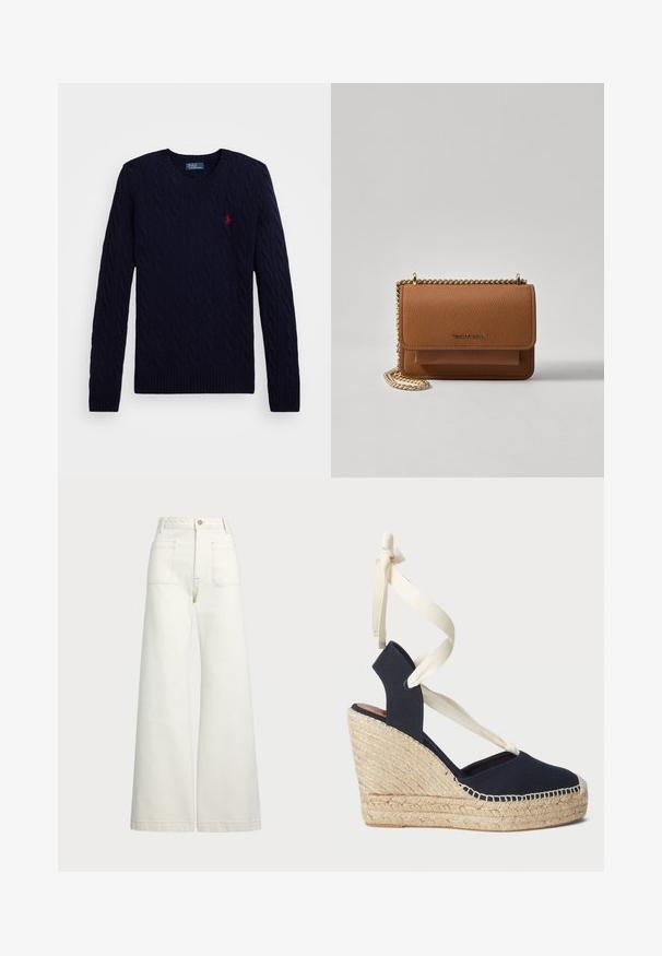 Tengerészkék, fonott kötésű pulóver bordás mandzsettával és alsó szegéllyel, melynek elején egy kicsi piros logó díszíti, klasszikus kerek nyakkivágással.; Széles szárú farmernadrág off-white denim anyagból. Magas derekú dizájn, gombos záródással, két elülső zsebbel és kontrasztos varrási részletekkel.; Tengerészkék vászon wedge szandál espadrille kötésű talppal és krém színű szalagos megkötővel a bokán. Zárt sarokkal és kerek orral rendelkezik.; Barna textúrájú bőr keresztbody táska arany lánc pánttal és fedélzárral. Az elején logó részlet és egy zseb található a fedél alatt.