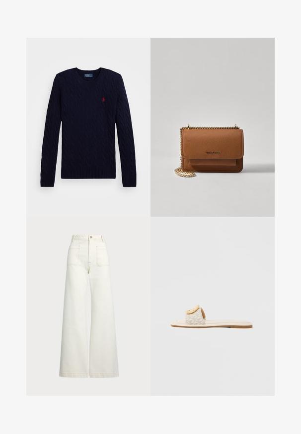 Pulover tricotat cu model împletit, de culoare bleumarin, cu manșete și tiv zimțat, având un mic accent logo roșu pe piept și un guler clasic rotund.; Jeans cu picioare late din denim alb-crem. Design cu talie înaltă, cu închidere prin nasture, două buzunare frontale și detalii cu cusături contrastante.; Șlapi cu o curea bej cu model geometric, un accent rotund galben pe partea superioară și o talpă plată, deschisă la culoare.; Geantă crossbody din piele texturată maro, cu curea din lanț aurit și închidere cu clapetă. Partea din față prezintă detalii cu logo și o buzunar sub clapetă.