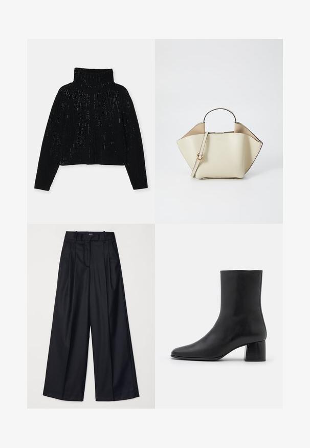 Alice + Olivia Trui - black; Zwarte wijde broek van soepel materiaal, met een hoge taille, plooien en een getailleerd ontwerp. Eenvoudige zwarte details bij de taille.; Zwarte leren enkelboot met een spitse neus en een chunky vierkante hak. Glad oppervlak met een naadloos ontwerp en minimalistische stiksels.; Ree Projects ANN - Handtas - beige