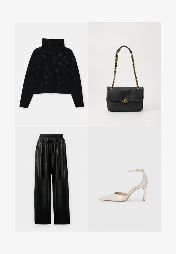 Alice + Olivia Strickpullover - black; Schwarze Leder-Hosen mit weitem Bein und elastischem Bund, ausgestattet mit zwei Seiten Taschen und einer glatten, glänzenden Oberfläche.; Weiße Leder-Pumps mit spitz zulaufender Zehe, Knöchelriemen und schlanker Stiletto-Absatz. Glatte Oberfläche mit dezent glänzendem Finish.; Schwarze Ledertasche mit einer umklappbaren Klappe, goldfarbenem Kettenriemen und Logohardware-Detail auf der Vorderseite. Glatte Textur.