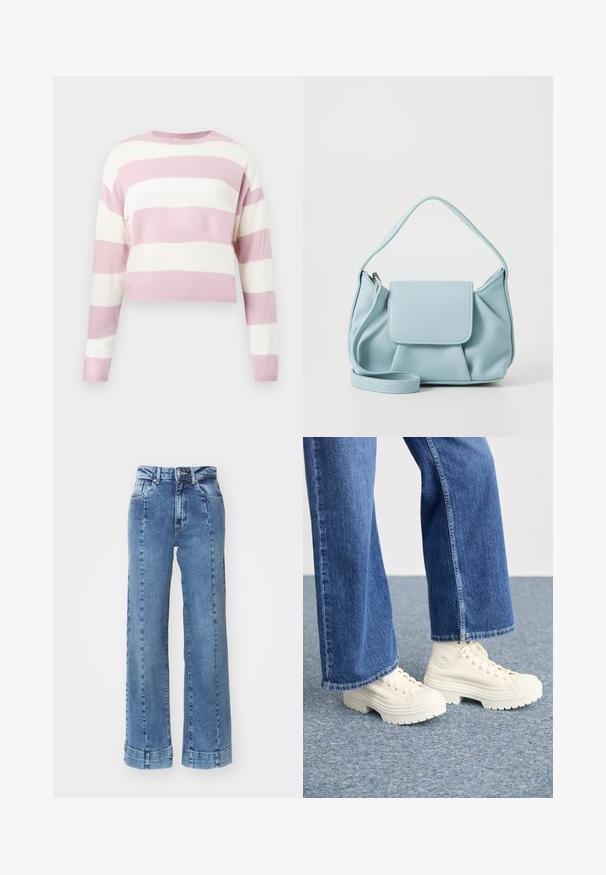 Light pink and white striped cropped sweater, knitted texture, round neckline, long sleeves, with horizontal stripes of equal width.; Light blue denim wide-leg jeans with a high waist, featuring front pockets and stitched detailing. The hem is rolled and sewn.; White high-top sneakers with thick, ridged soles and circular logo detail, worn with light blue, wide-leg denim jeans.; Light blue leather handbag with a top handle, front flap pocket, and detachable wrist strap on a white background.