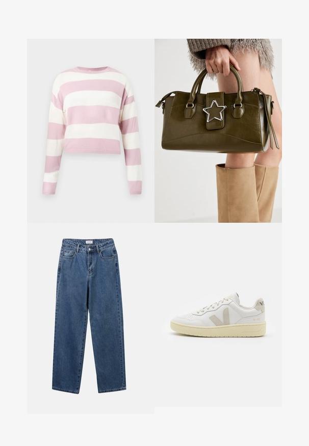 Hellrosa und weiß gestreifter, cropped Pullover, gestrickte Textur, runder Ausschnitt, lange Ärmel, mit horizontalen Streifen gleicher Breite.; Klassische blaue Denim-Jeans mit geradem Bein, fünf Taschen und Knopfverschluss. Sie verfügen über eine mittelblau gewaschene Optik und sind aus robuster Textur.; Weiße Ledersneaker mit beigen Wildlederakzenten, perforierte Zehenbox, flache Schnürsenkel und eine strukturierte cremefarbene Sohle. Mit dezentem Branding an der Ferse.; Olivgrünes Kunstlederhandtasche mit silbernem Sternakzent, doppelten Griffen und einem Reißverschluss. Strukturierten Form und texturierten Oberfläche.