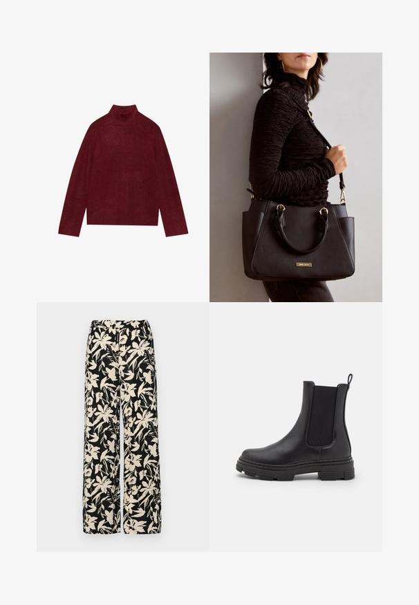 Bordo pulover s visokim ovratnikom, pleten, s rebrastim detaljima na ovratniku i manžetama, s kutijastim oblikom i mekanom teksturom.; Crne široke hlače s kremastim cvjetnim uzorkom. Izrađene od lagane tkanine, sa glatkom teksturom i visokim pojasom.; Crne kožne gležnjače s elastičnim bočnim panelima, zaobljenim prstima i strukturiranom gumenom potplatom. Imaju petlju straga za lakše oblačenje.; Crna torba s teksturiranom površinom, dvostrukim gornjim ručkama i podesivom remenom za rame. Ima zlatne metalne detalje i bočne džepove.
