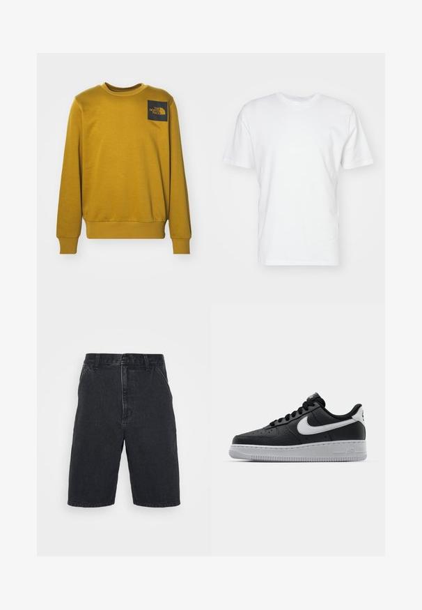 The North Face M FINE CREW - Sweater - khaki; Witte katoenen T-shirt met korte mouwen, ronde halslijn en een gladde textuur. Eenvoudig ontwerp zonder patronen of afbeeldingen.; Zwarte denim shorts met een rechte snit, voorzien van een knoopsluiting en twee zijzakken. Onvolledige zoom met subtiele vervagingdetails.; Zwarte lederen sneaker met een textuur oppervlak, witte Nike swoosh, grijze zool, ronde neus en vetersluiting. Bevat perforaties op de neus.